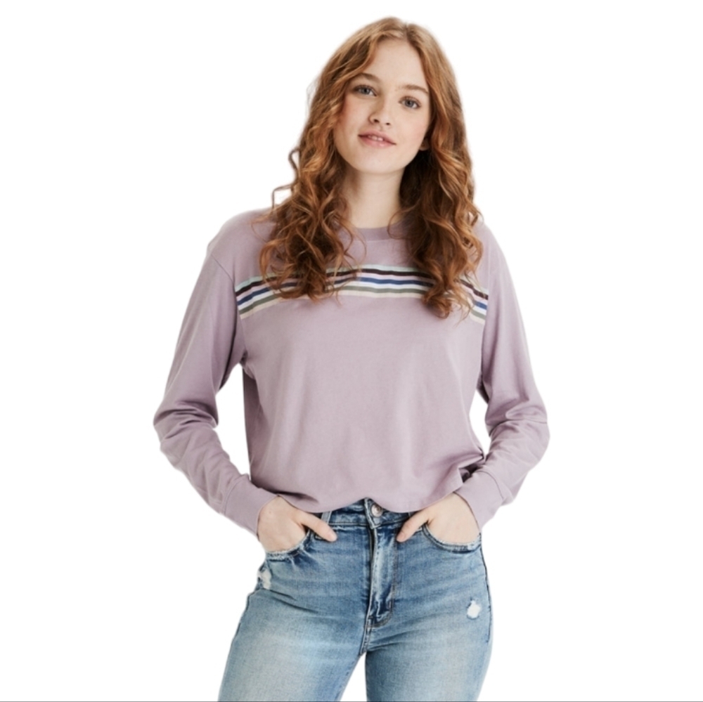 American Eagle Purple Rainbow Cropped Long Sleeve Top Colorful Stripes Size S